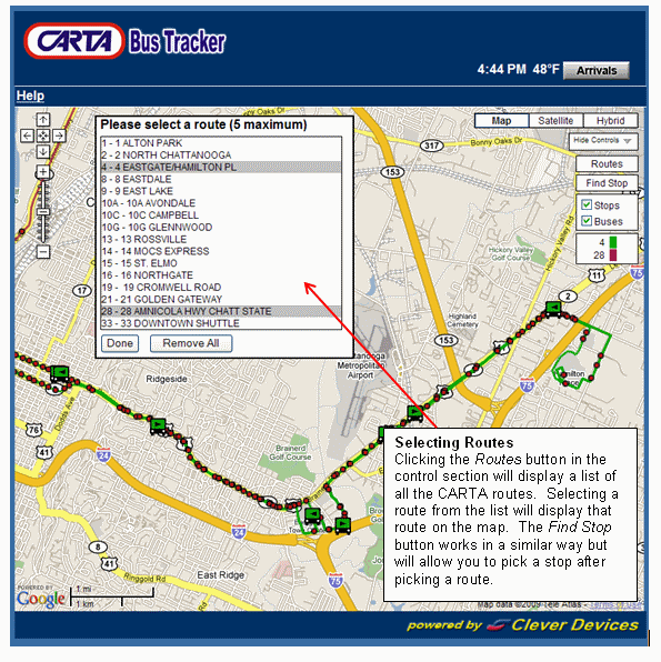 Selecting Routes - Clicking the Routes button in the control section will display a list of all the RD Transit routes.  Selecting a route from the list will display that route on the map.  The Find Stop button works in a similar way but will allow you to pick a stop after picking a route.